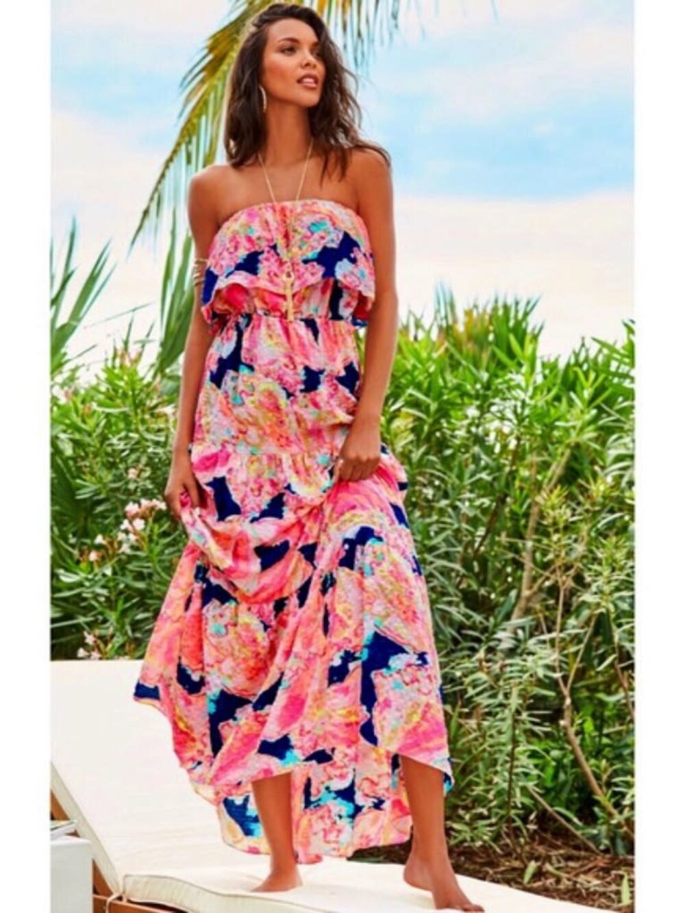 Lilly Pulitzer Caridee Maxi Strapess Maxi Tiered Dress Size Medium "UNICORN"